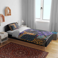 Dark bed set with tribal patchwork quilt look, leopard accents, purple flowers, 2 pillowcases