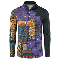 Black button-up sweatshirt with violet flowers, leopard print, and tribal geometric panels