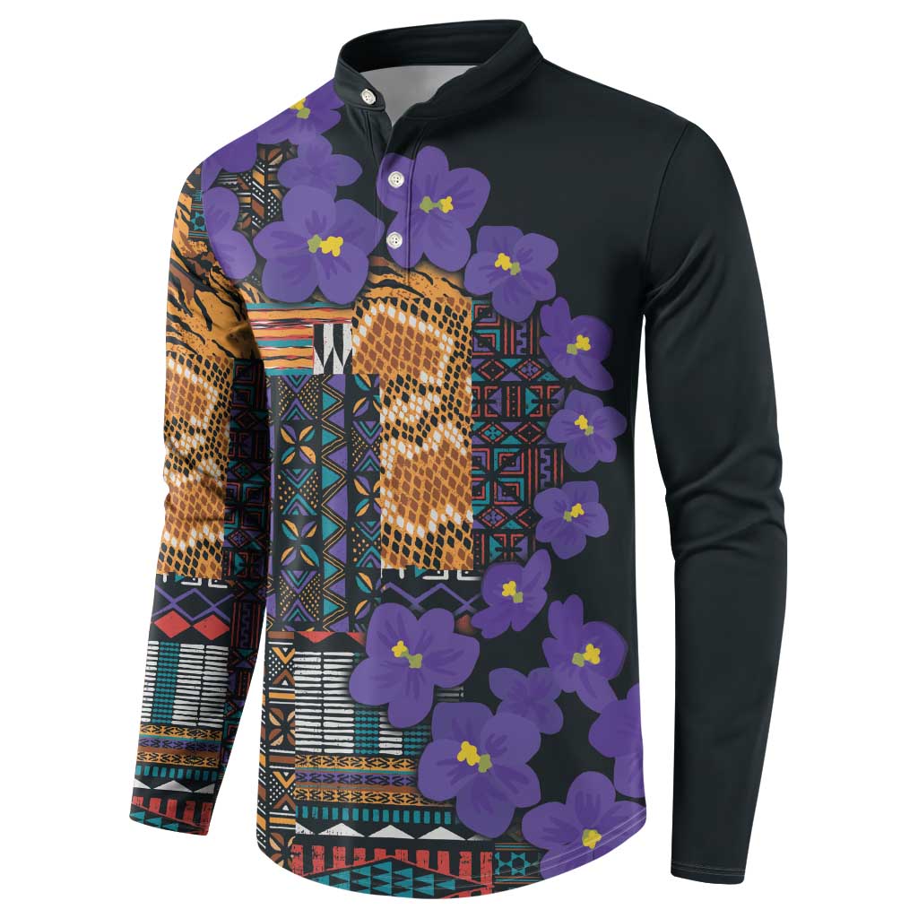 Black button-up long-sleeve sweatshirt with violet flowers and tribal pattern panels