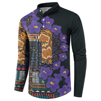 Black button-up long-sleeve sweatshirt with violet flowers and tribal pattern panels