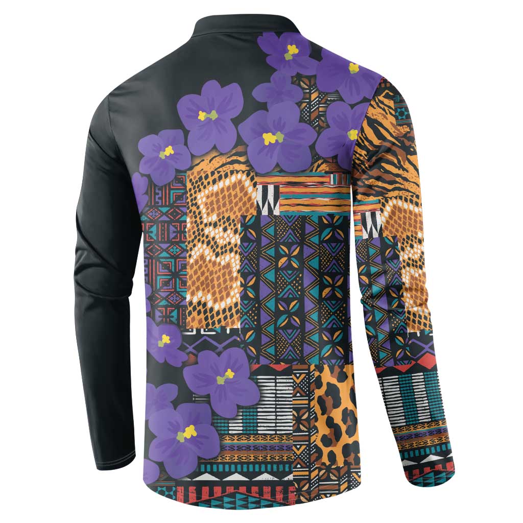 Black long-sleeve sweatshirt with back graphic: violet flowers, leopard print, tribal bands