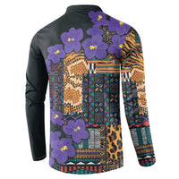 Black long-sleeve sweatshirt with back graphic: violet flowers, leopard print, tribal bands