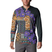Black button-up long-sleeve sweatshirt with violet flowers, leopard spots, and geometric trim