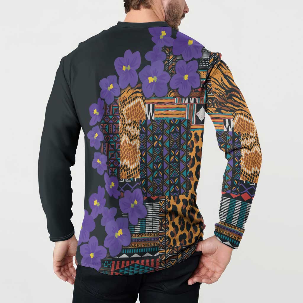 Black long-sleeve sweatshirt back view with violet flowers, leopard pattern, and tribal motifs
