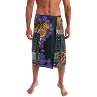 Knee-length lava lava shorts with violet flowers, animal print, and geometric blocks