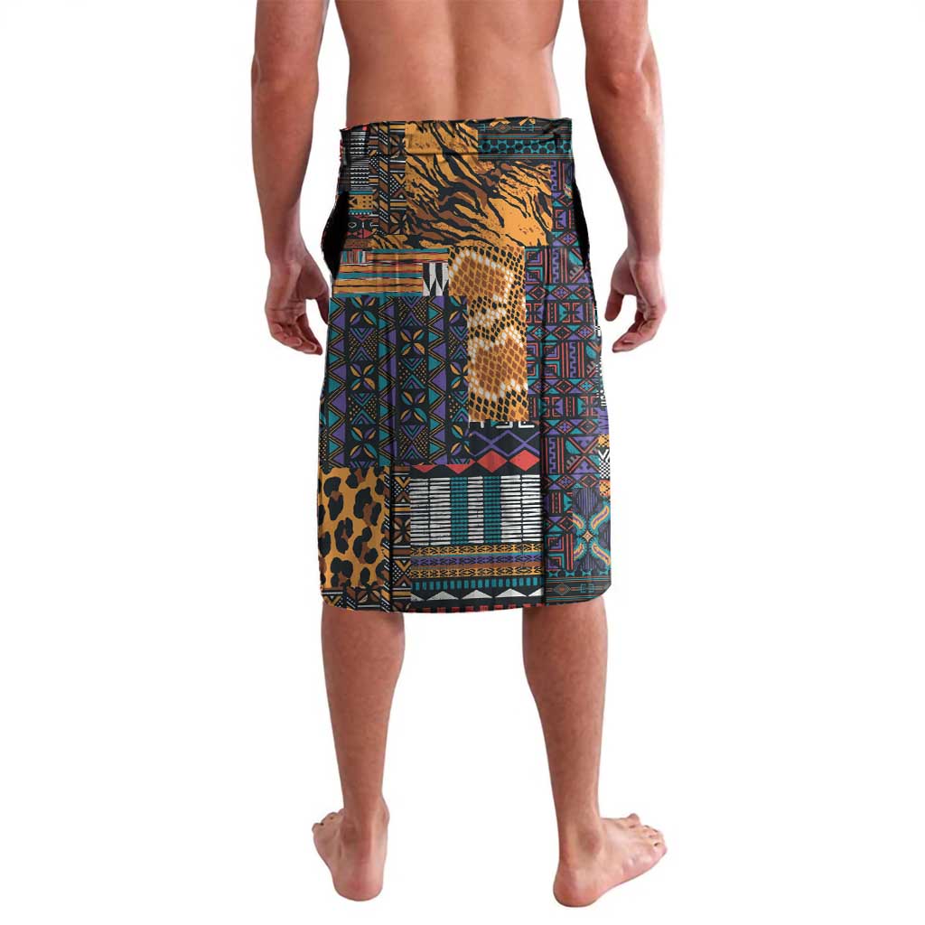 Knee-length lava lava shorts with tiger stripe pattern and geometric patchwork