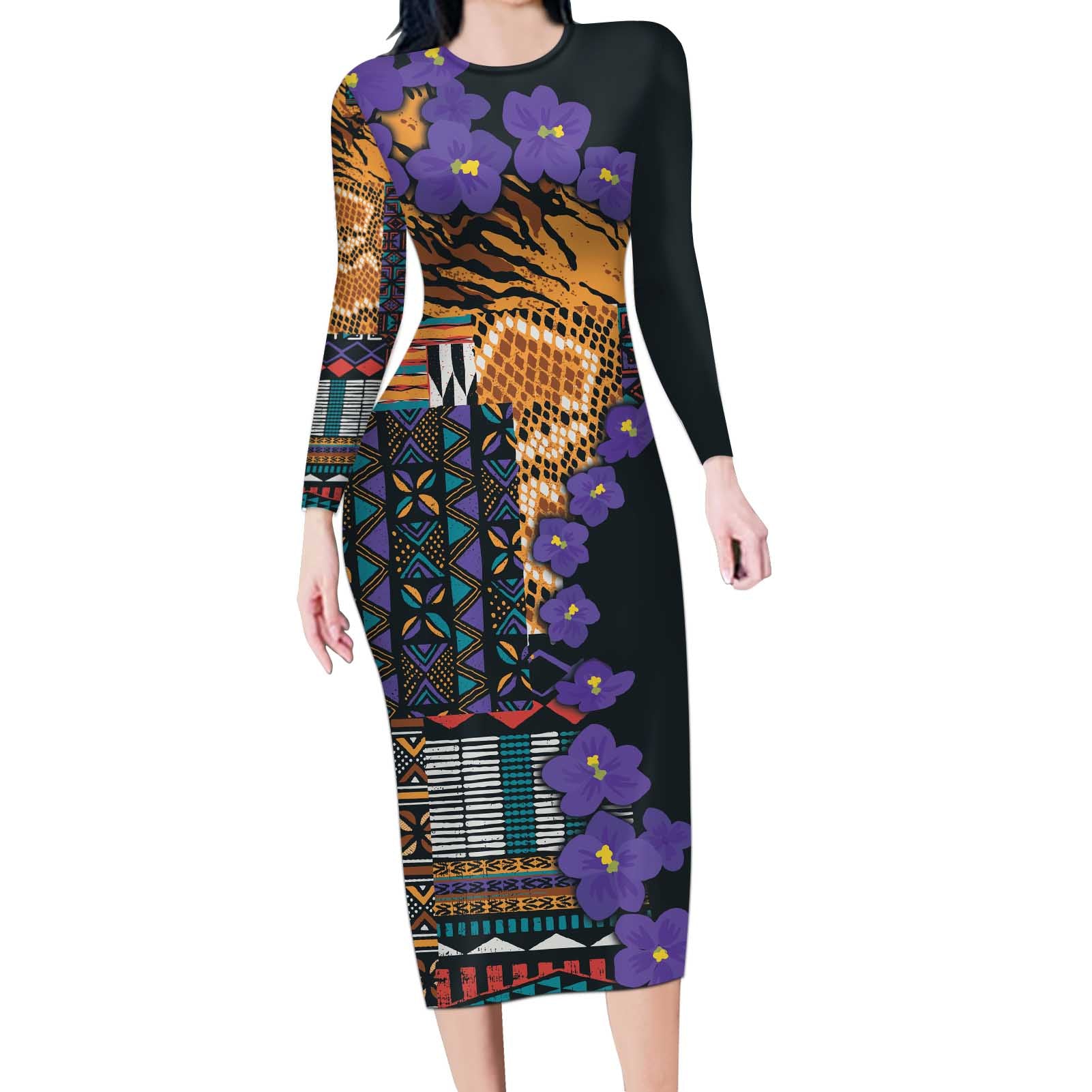 Africa Violets Flowers Long Sleeve Bodycon Dress Mix Native Tribal Pattern - Wonder Print Shop