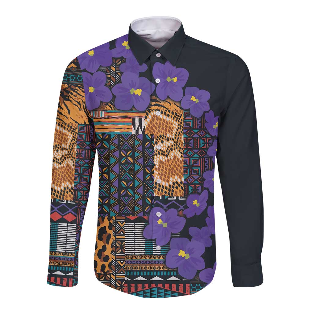 Africa Violets Flowers Long Sleeve Button Shirt Mix Native Tribal Pattern - Wonder Print Shop