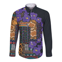 Violet floral tribal long-sleeve button shirt, patchwork geometric front