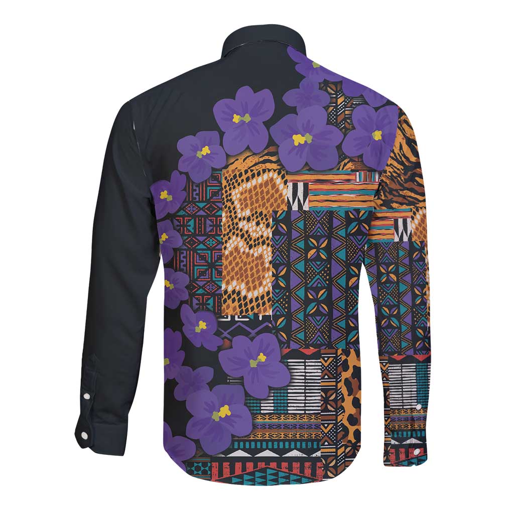 Violet floral tribal long-sleeve button shirt, patchwork geometric back view