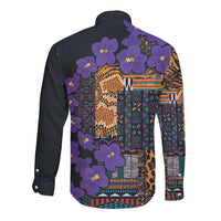 Violet floral tribal long-sleeve button shirt, patchwork geometric back view