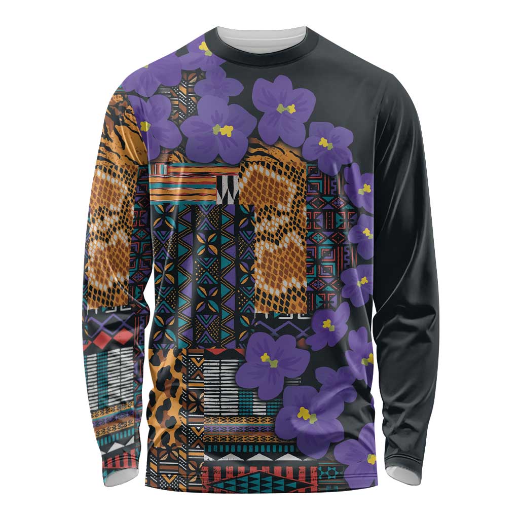 Africa Violets Flowers Long Sleeve Shirt Mix Native Tribal Pattern - Wonder Print Shop