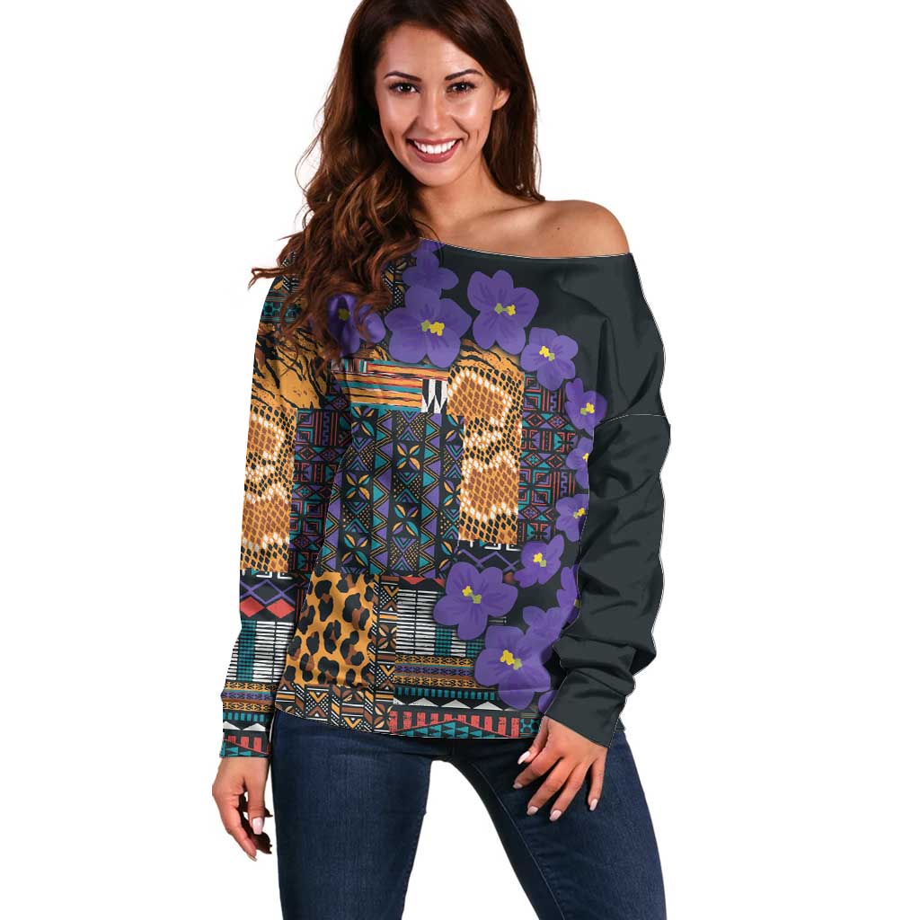 Africa Violets Flowers Off Shoulder Sweater Mix Native Tribal Pattern - Wonder Print Shop