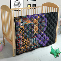 Black quilt with colorful tribal patchwork, leopard print center, and purple flower accents