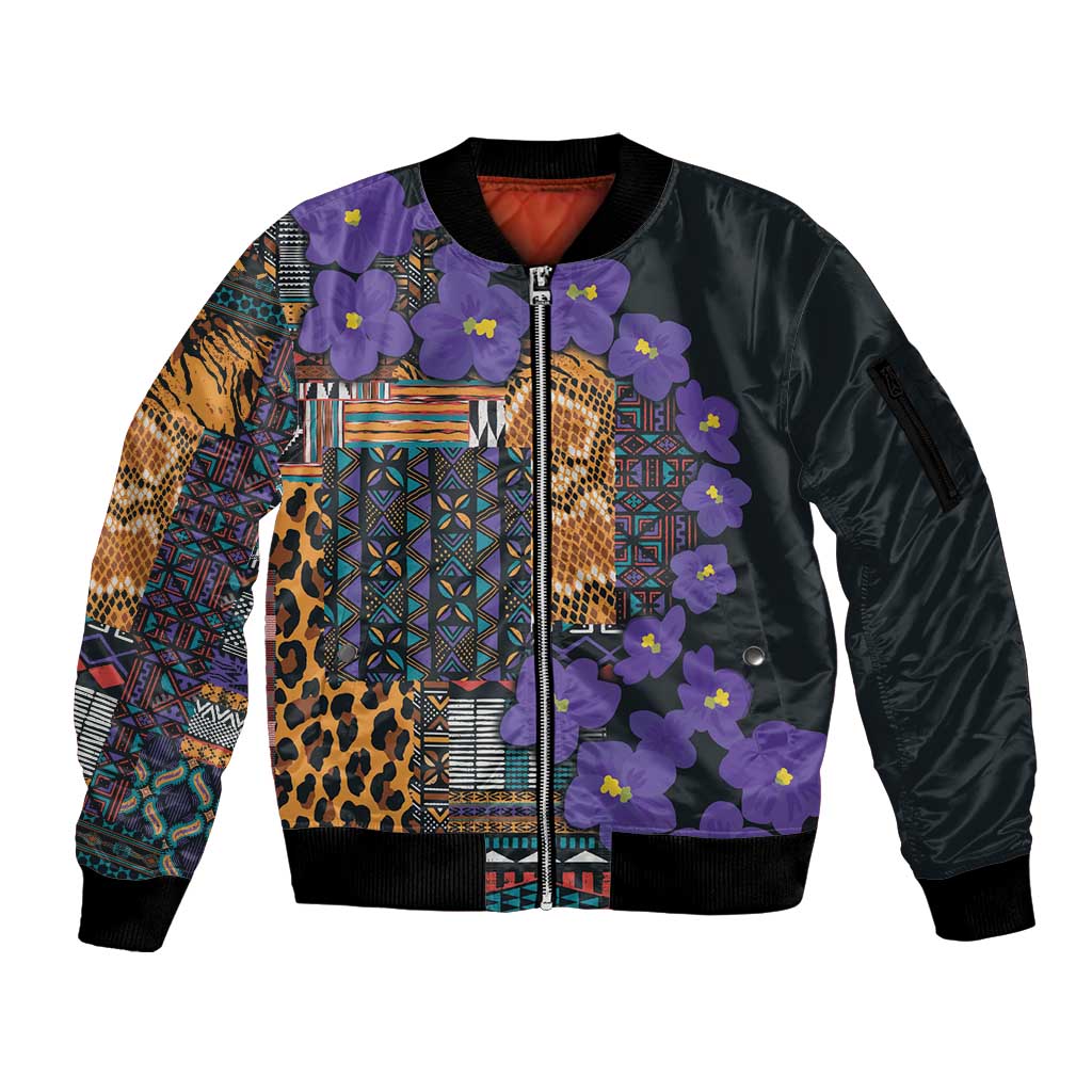 Africa Violets Flowers Sleeve Zip Bomber Jacket Mix Native Tribal Pattern - Wonder Print Shop