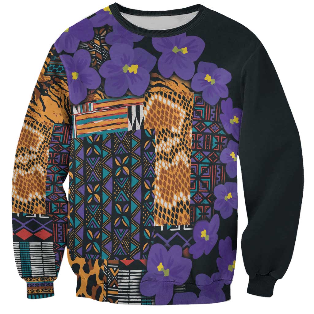 Unisex black sweatshirt with violet flowers and multicolor tribal patchwork front