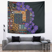 Wall tapestry: dark background with multicolor tribal pattern, leopard spots, purple flowers