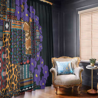 Printed window curtain panel with native patterns and purple violet flowers on dark fabric
