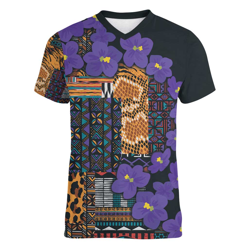 Africa Violets Flowers Women V-Neck T-Shirt Mix Native Tribal Pattern - Wonder Print Shop