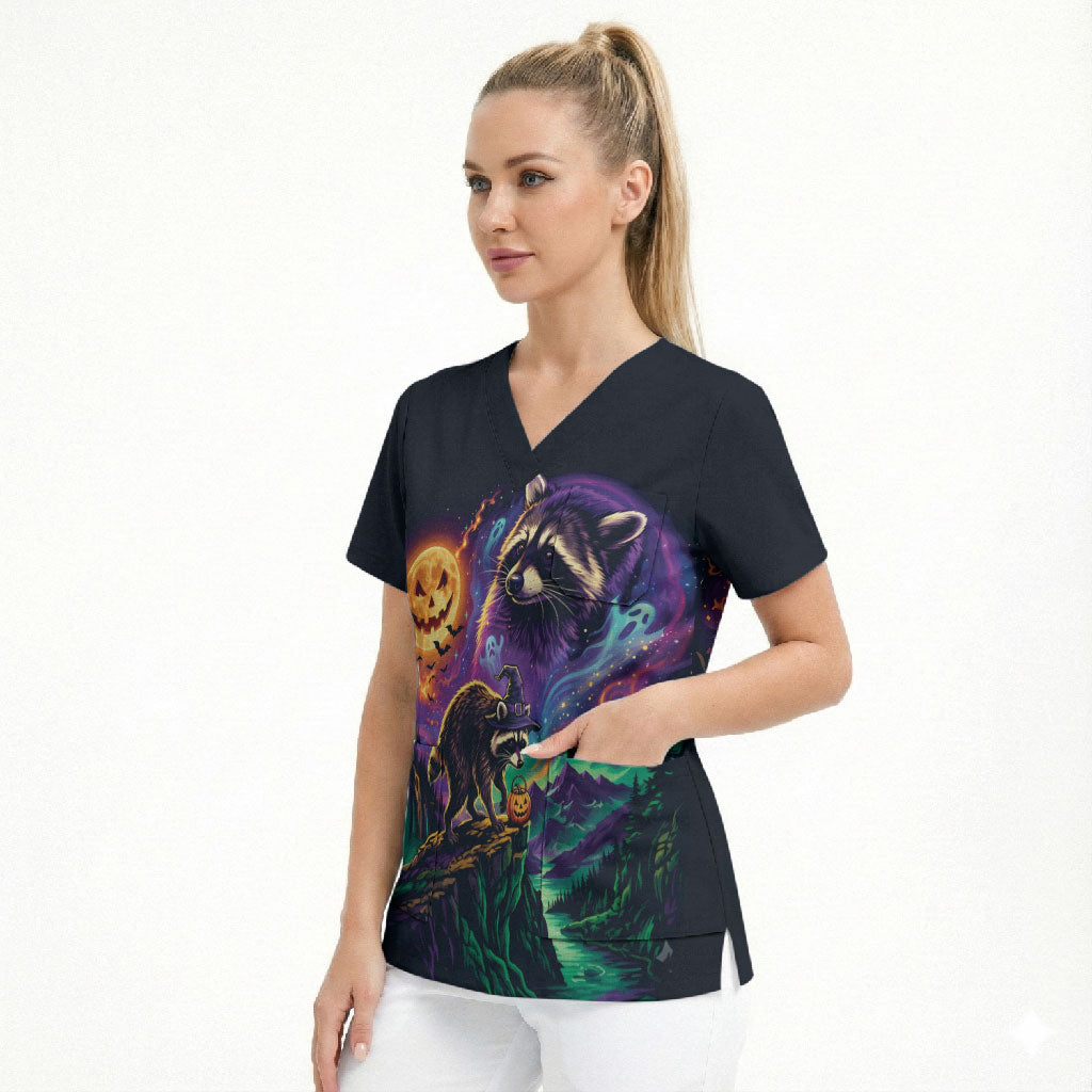 Halloween Raccoon Spooky Jim-BOO-Thy Witch Scrub Top