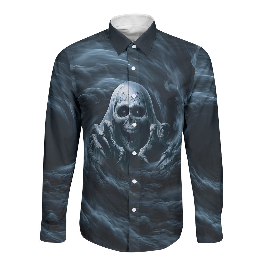 Scary 3D Illusion Horror Skull Long Sleeve Button Shirt