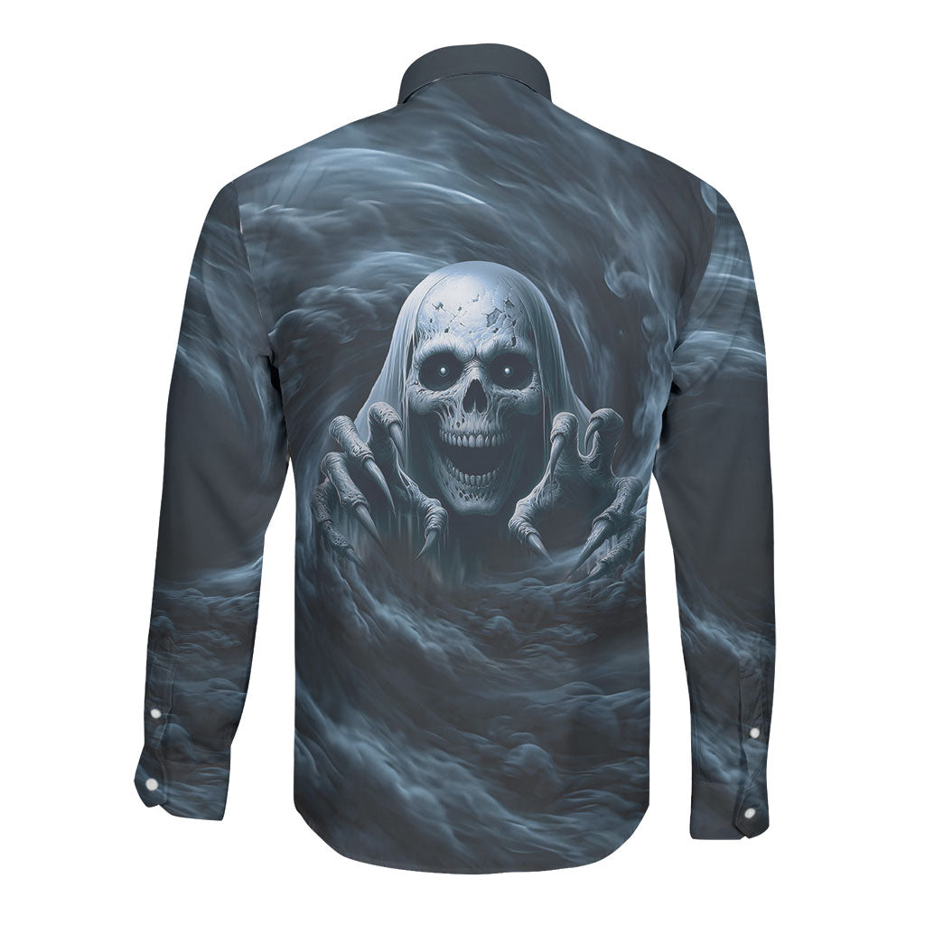 Scary 3D Illusion Horror Skull Long Sleeve Button Shirt