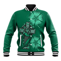 Green celtic baseball jacket with cross, harp and shamrock front graphic