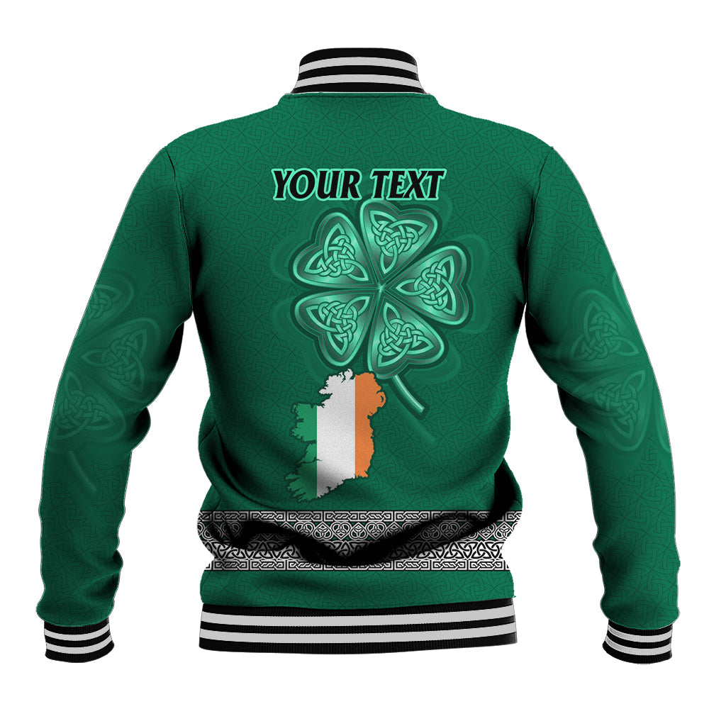 Green back baseball jacket with large shamrock graphic and vertical harp illustration