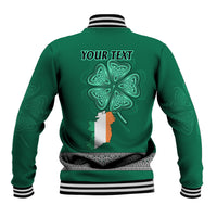 Green back baseball jacket with large shamrock graphic and vertical harp illustration