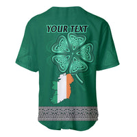 Green personalized baseball jersey back with 'YOUR TEXT' and Celtic knot clover