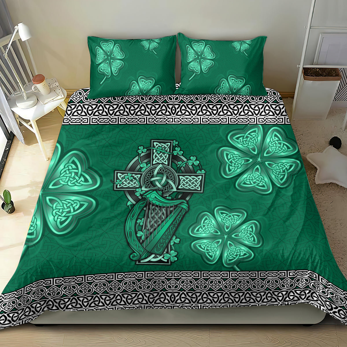 Green Celtic bedding set featuring cross-and-harp design, shamrock accents, decorative border.
