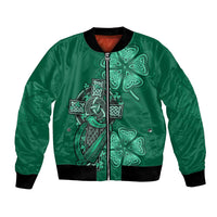 Green bomber jacket with Celtic cross and harp front graphic, full zip and ribbed cuffs