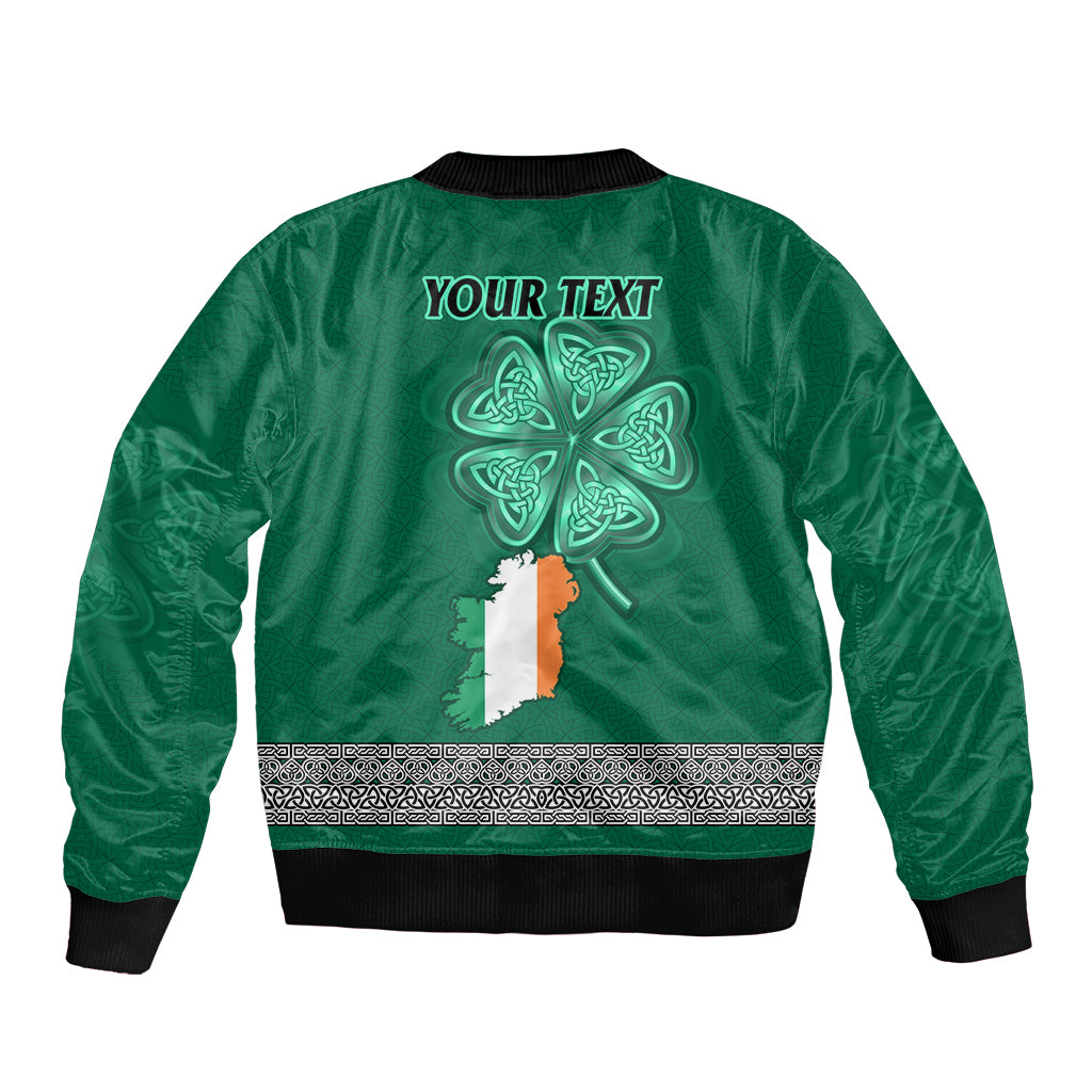 Green bomber jacket back with shamrock, Irish flag map panel, and YOUR TEXT print