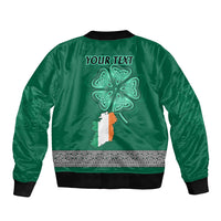 Green bomber jacket back with shamrock, Irish flag map panel, and YOUR TEXT print