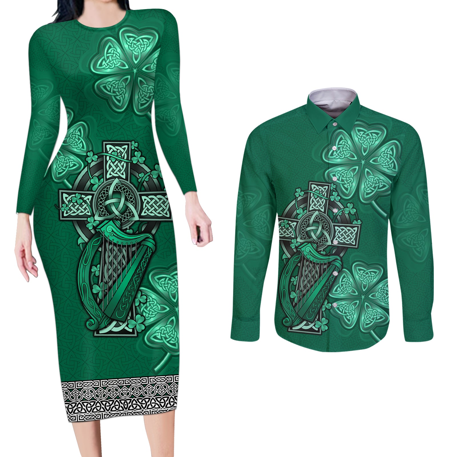 Irish Celtic Cross and Harp with Ireland Shamrock Personalized Couples Matching Long Sleeve Bodycon Dress and Long Sleeve Button Shirt LT9 - Wonder Print Shop