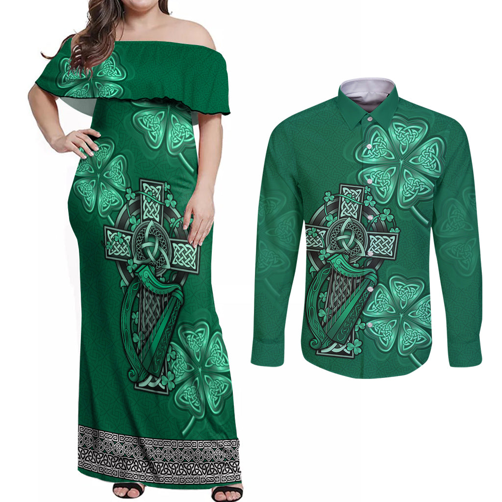 Irish Celtic Cross and Harp with Ireland Shamrock Personalized Couples Matching Off Shoulder Maxi Dress and Long Sleeve Button Shirt LT9 - Wonder Print Shop