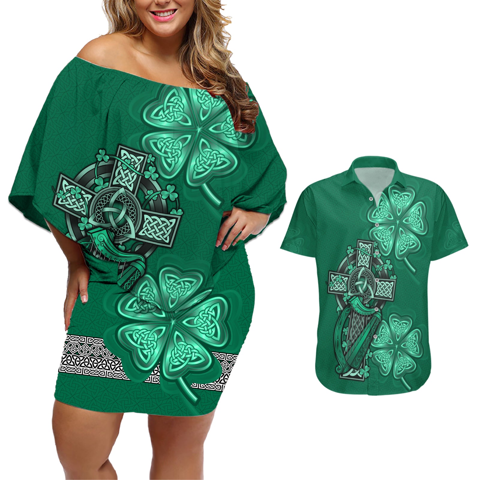 Irish Celtic Cross and Harp with Ireland Shamrock Personalized Couples Matching Off Shoulder Short Dress and Hawaiian Shirt LT9 - Wonder Print Shop