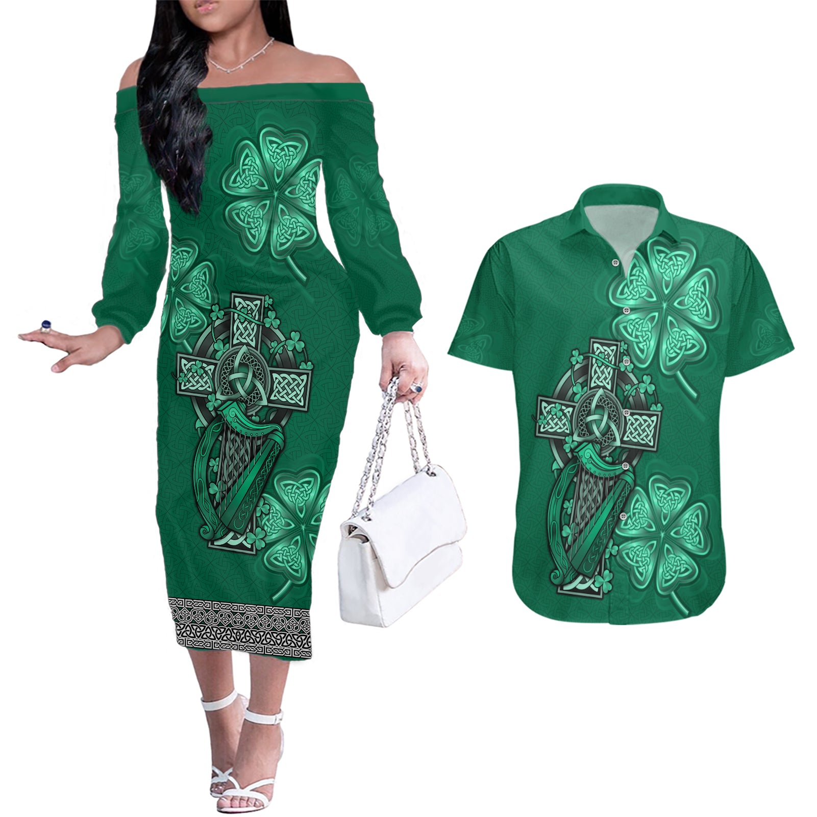 Irish Celtic Cross and Harp with Ireland Shamrock Personalized Couples Matching Off The Shoulder Long Sleeve Dress and Hawaiian Shirt LT9 - Wonder Print Shop