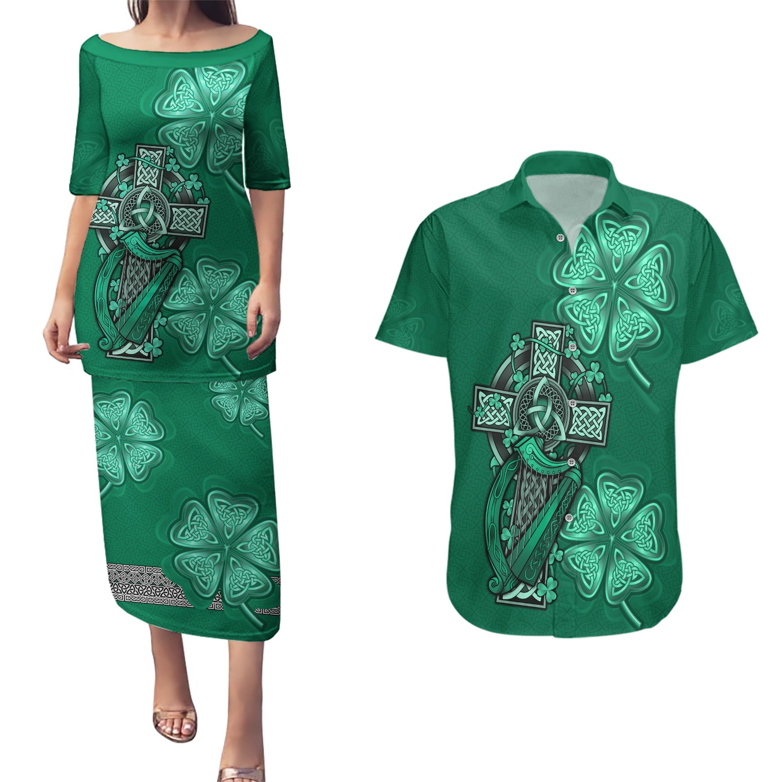 Irish Celtic Cross and Harp with Ireland Shamrock Personalized Couples Matching Puletasi and Hawaiian Shirt LT9 - Wonder Print Shop