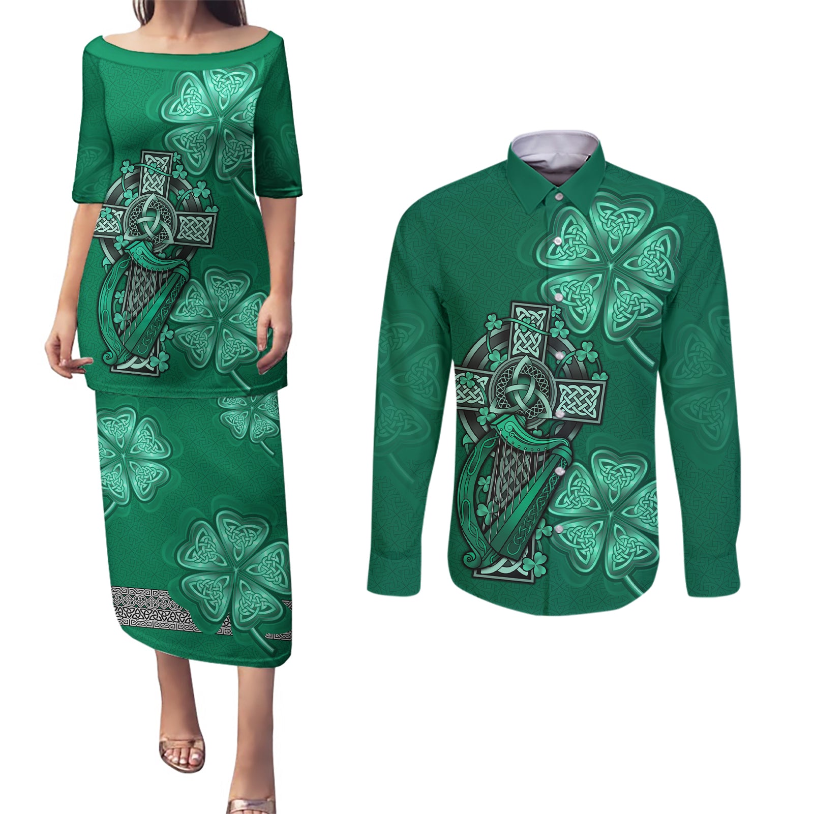 Irish Celtic Cross and Harp with Ireland Shamrock Personalized Couples Matching Puletasi and Long Sleeve Button Shirt LT9 - Wonder Print Shop