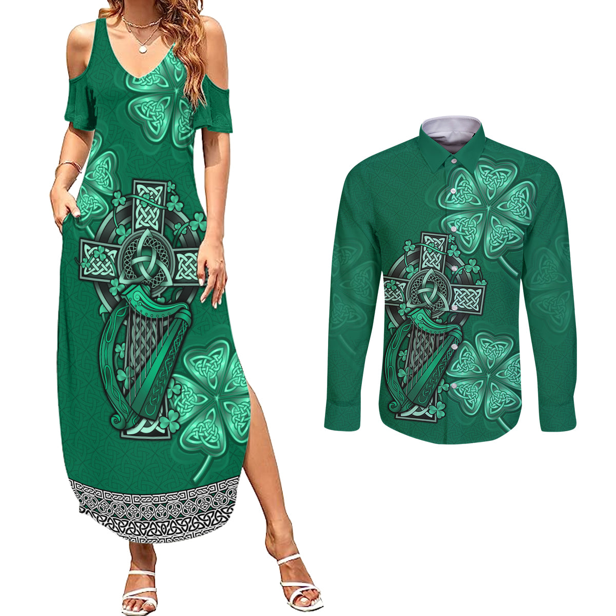 Irish Celtic Cross and Harp with Ireland Shamrock Personalized Couples Matching Summer Maxi Dress and Long Sleeve Button Shirt LT9 - Wonder Print Shop