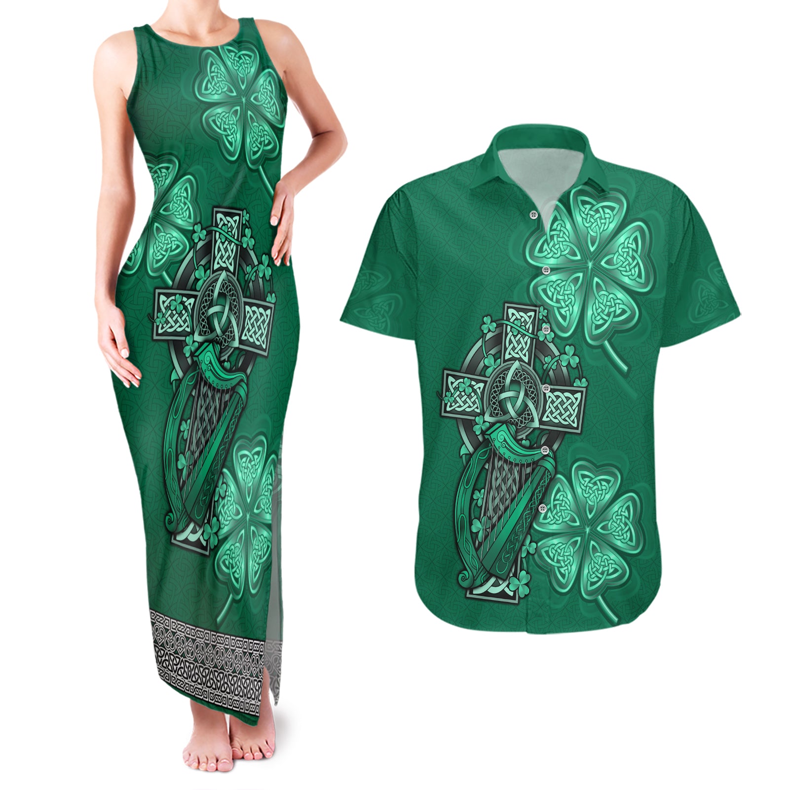 Irish Celtic Cross and Harp with Ireland Shamrock Personalized Couples Matching Tank Maxi Dress and Hawaiian Shirt LT9 - Wonder Print Shop