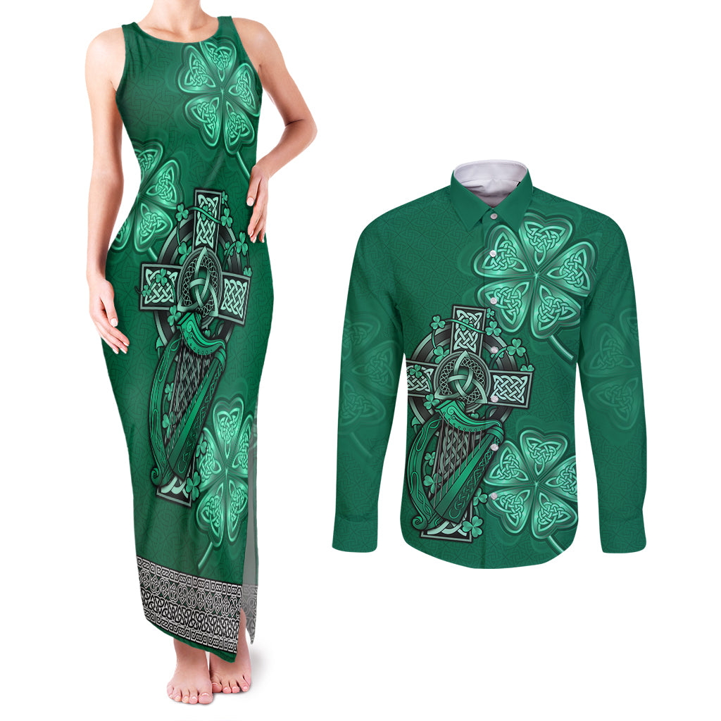 Irish Celtic Cross and Harp with Ireland Shamrock Personalized Couples Matching Tank Maxi Dress and Long Sleeve Button Shirt LT9 - Wonder Print Shop