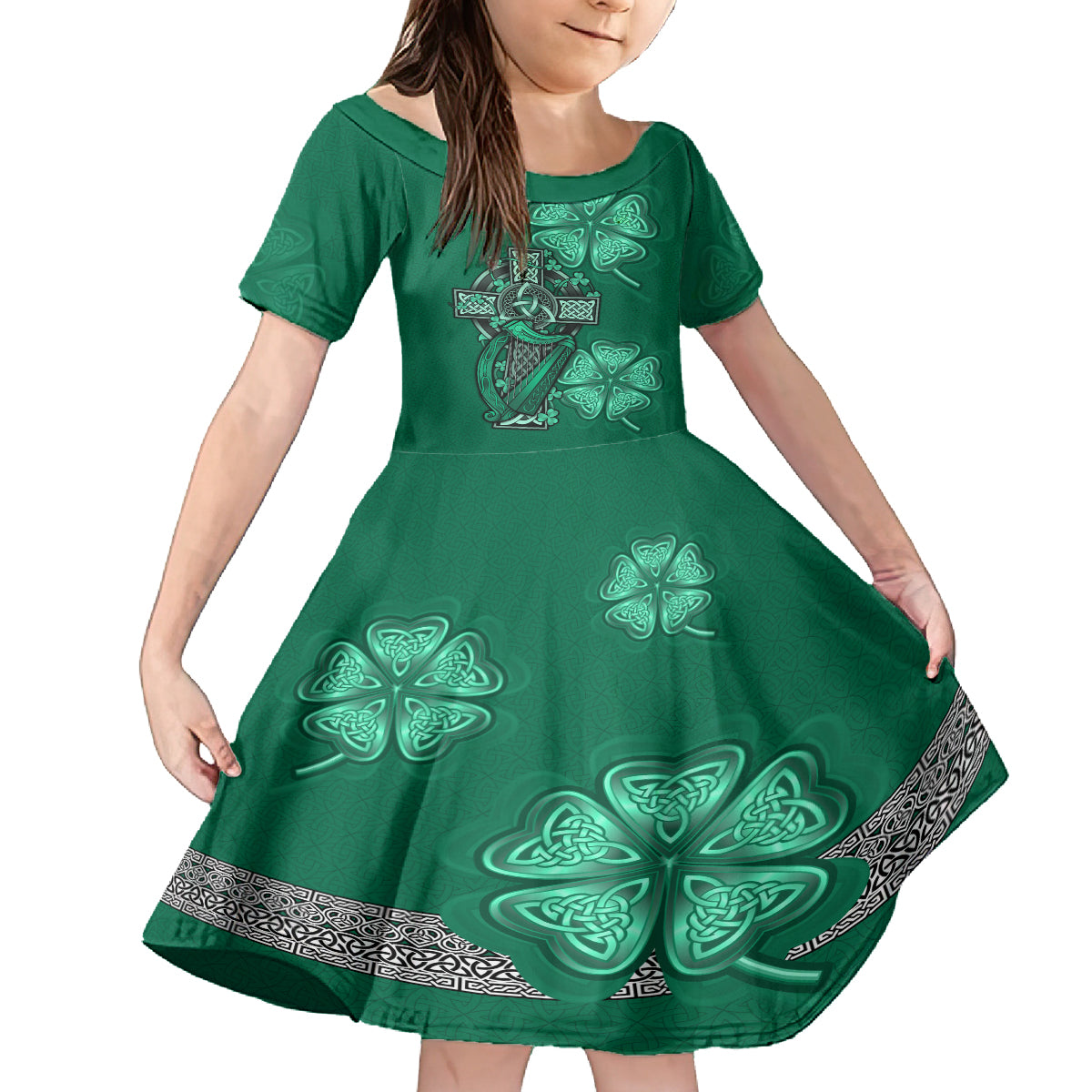 Irish Celtic Cross and Harp with Ireland Shamrock Personalized Kid Short Sleeve Dress - Wonder Print Shop