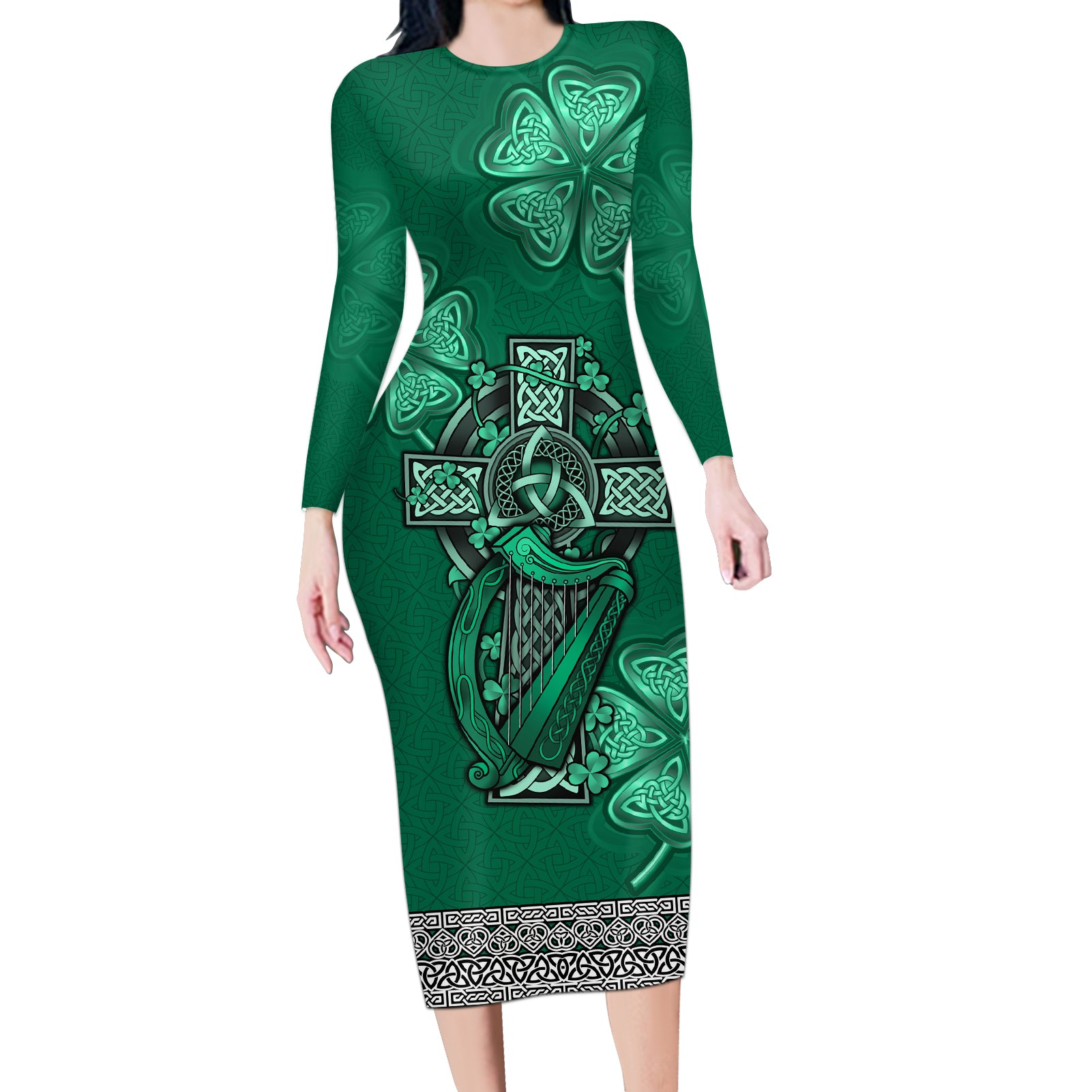 Irish Celtic Cross and Harp with Ireland Shamrock Personalized Long Sleeve Bodycon Dress - Wonder Print Shop