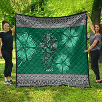 Green personalized quilt featuring Celtic cross, harp, and shamrock motifs with white geometric border.