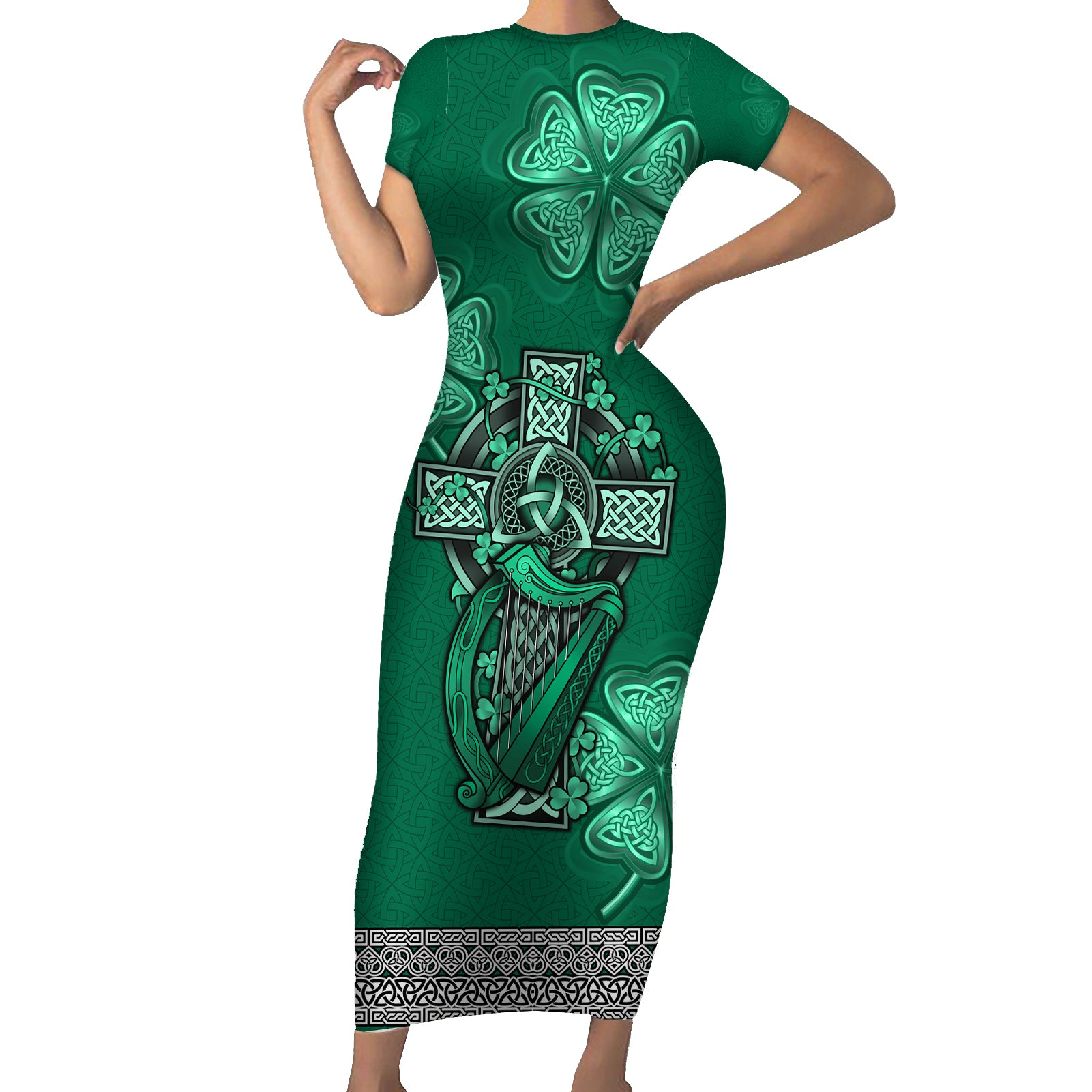 irish-celtic-cross-and-harp-with-ireland-shamrock-personalized-short-sleeve-bodycon-dress