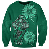 Green sweatshirt with teal Celtic cross and harp knotwork graphic