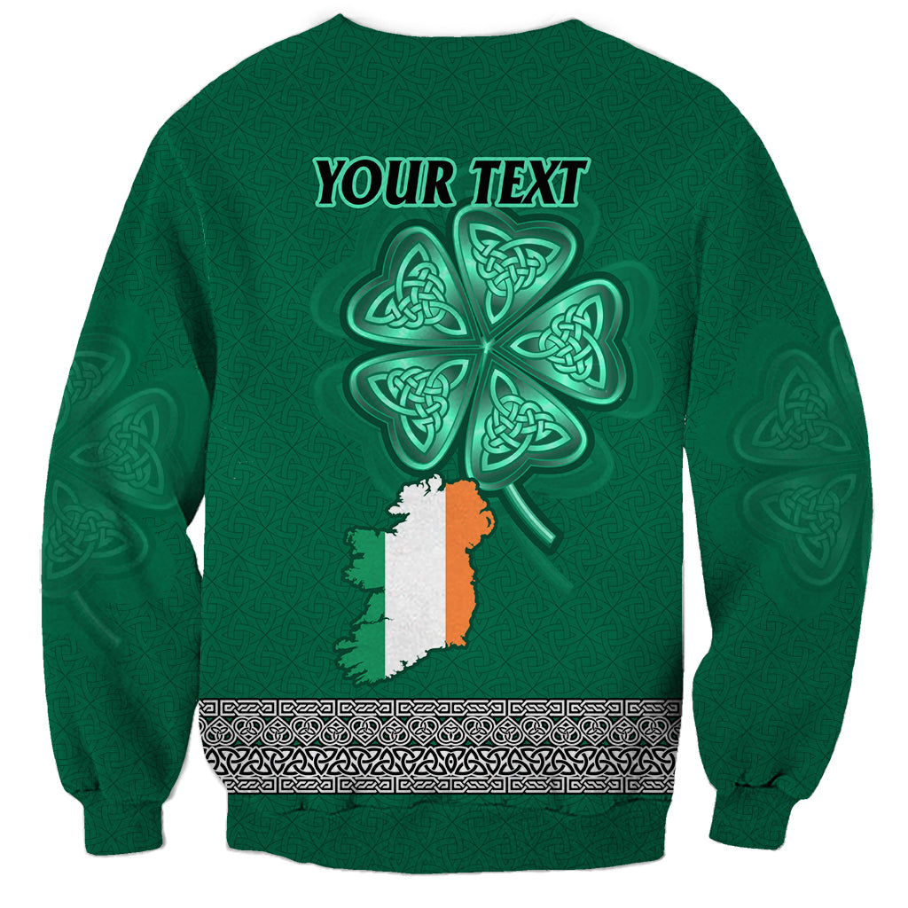 Green sweatshirt back with YOUR TEXT over Ireland outline and Celtic pattern border