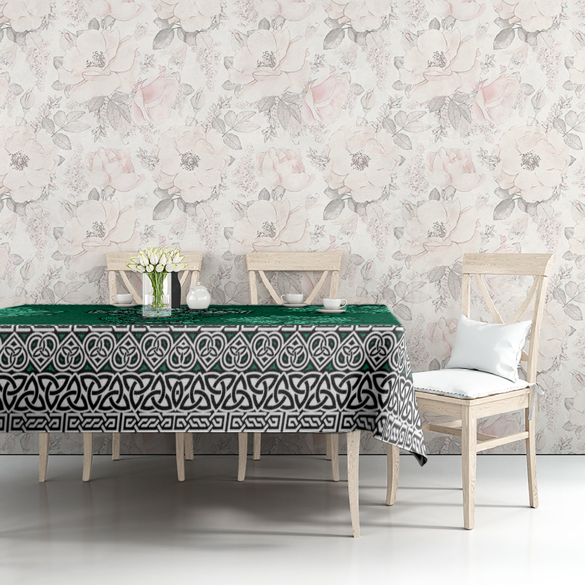 Green Celtic cross, harp, and shamrock tablecloth with matching border and motifs